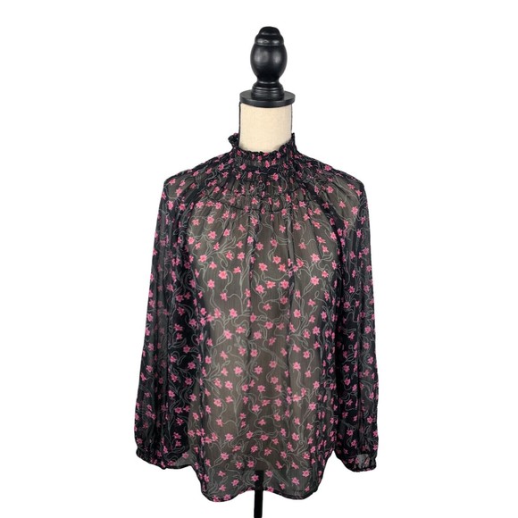 Elizabeth and James Blouse Sz M Woman’s High Neck Black Pink Floral Ribbed  Mesh - Picture 1 of 10